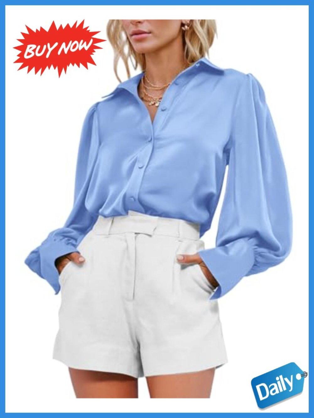 Satin Silk-Like Button Down Blouse Long Sleeve Lapel V Neck Lantern Sleeve Top